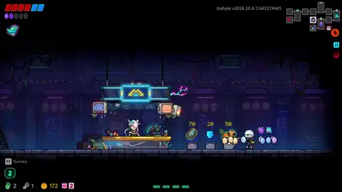 Neon Abyss 2 Hatchmon cat companion purchased and compared against a weapon-focused build