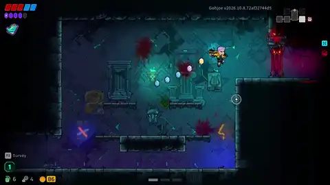 Neon Abyss 2 player pauses at a boss door then continues exploring remaining floor rooms