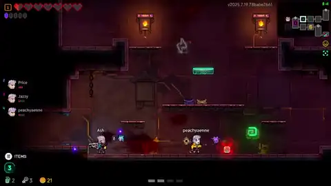 Neon Abyss 2 co-op party regrouping then spreading across a boss arena
