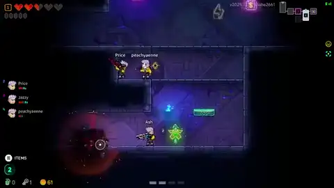 Neon Abyss 2 four-player party checking alternate doors and calling the next route